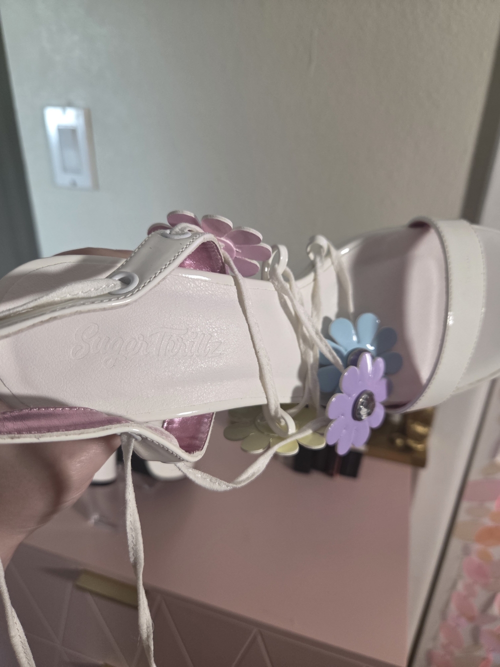 Sugar Thrillz White Patent Platform Heels with Pastel Flower Appliqués - Picture 5 of 8